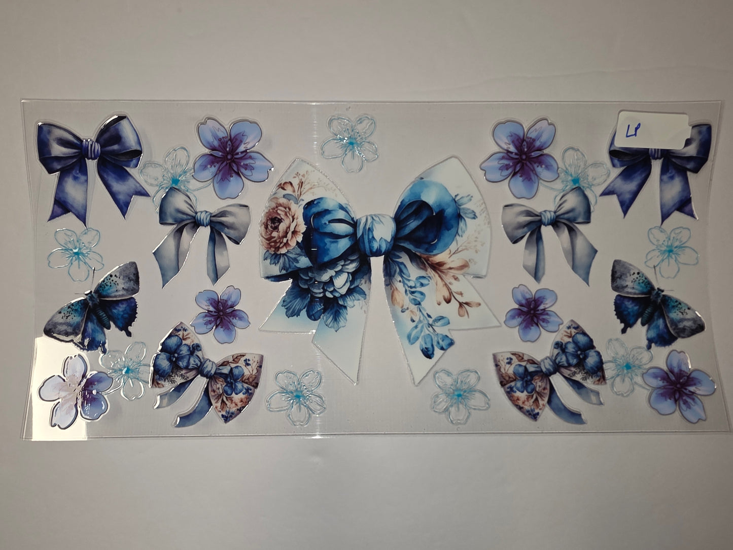 Blue Floral Butterfly Bow Tumbler Wrap | Watercolor Flowers & Bows Drinkware Design