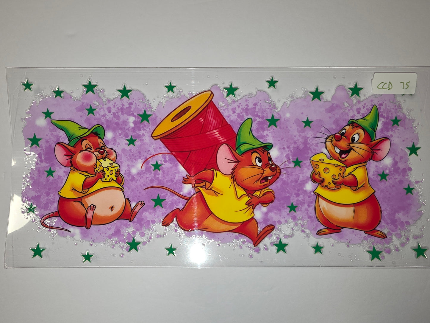 Cute Mouse Trio Tumbler Wrap | Yellow Shirt & Green Hat Design | Purple Star Background
