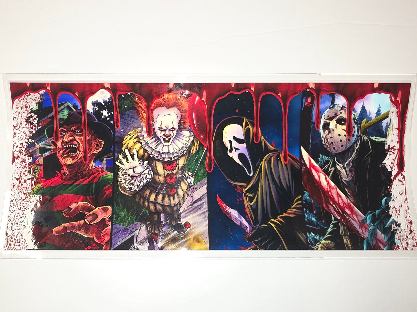 Horror Movie Icons Tumbler Wrap - Freddy, Pennywise, Ghostface, Jason - Spooky Drinkware Design