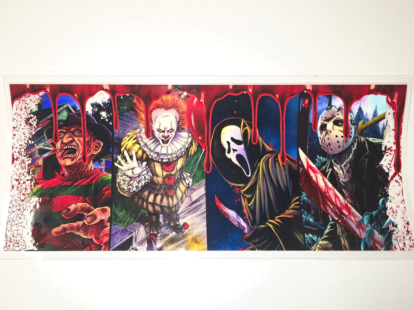 Horror Icons Tumbler Wrap - Freddy, Pennywise, Ghostface, Jason - Spooky Drinkware Design