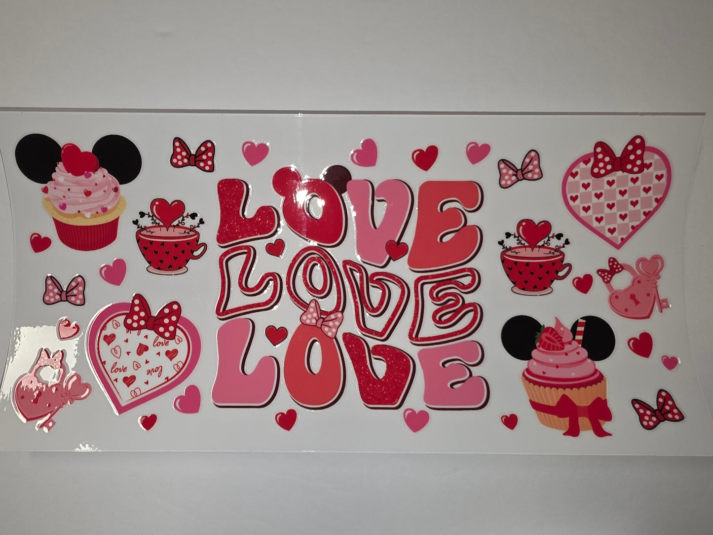Valentine's Day "LOVE" Tumbler Wrap | Pink & Red Hearts, Cupcakes, Minnie Mouse Bows