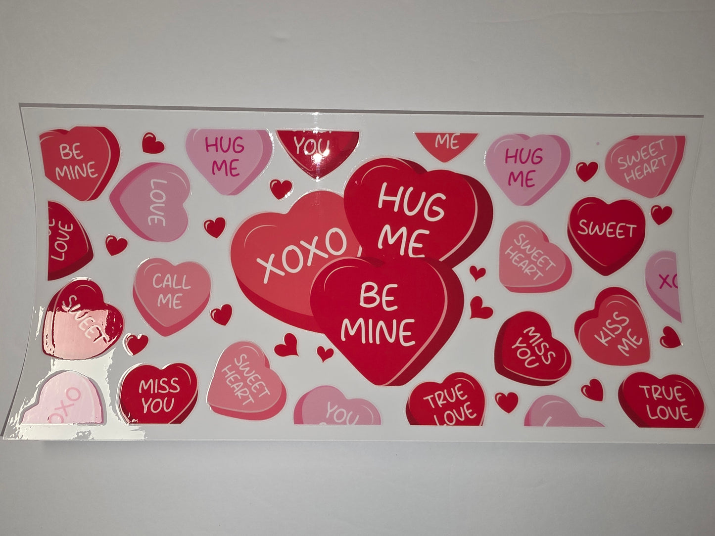 Valentine's Day Heart Tumbler Wrap | Pink & Red Candy Hearts | "Be Mine", "Hug Me", "XOXO"