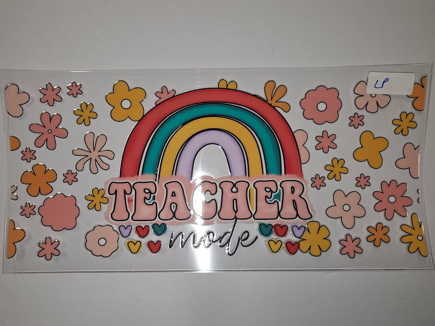 Retro Rainbow Teacher Mode Tumbler Wrap | Groovy Flowers & Hearts | Pink, Orange, Yellow, Teal
