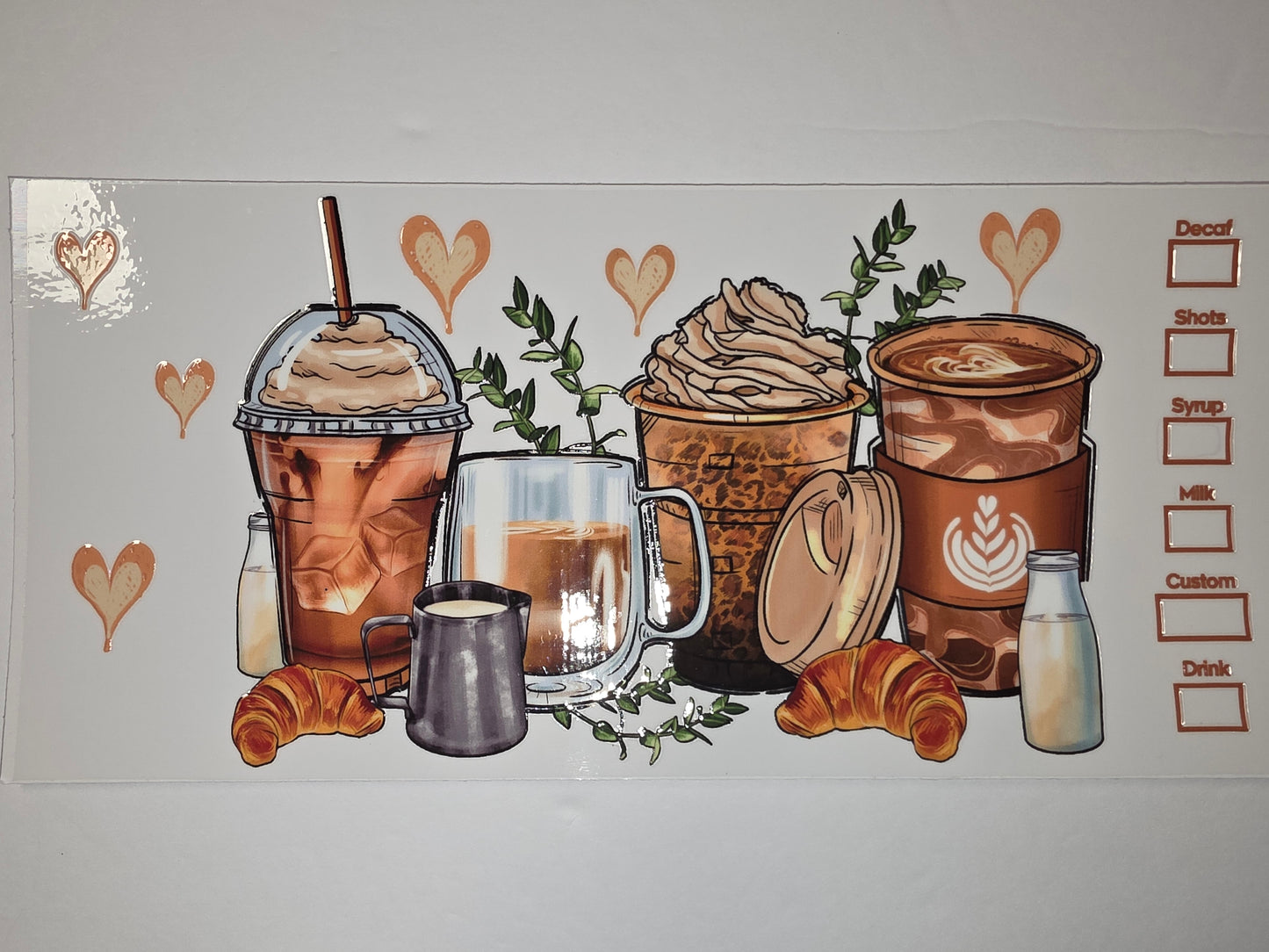 Coffee & Croissant Tumbler Wrap | Latte Art, Hearts, Leopard Print | Drink Lover Gift