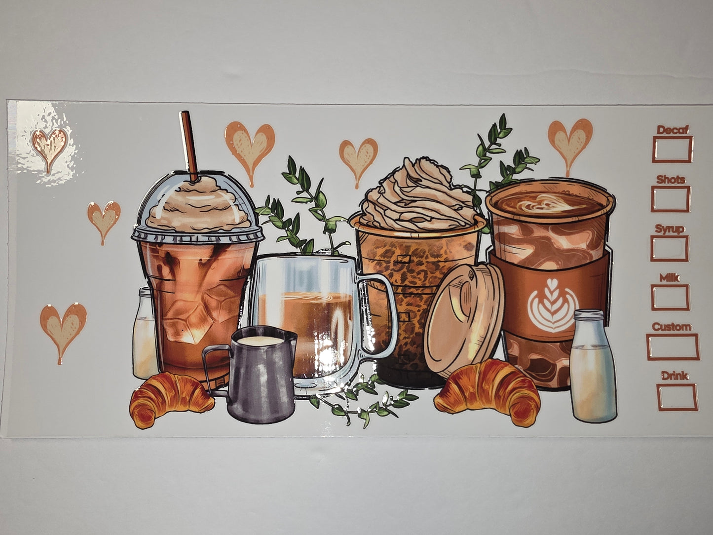 Coffee Lover Tumbler Wrap | Latte Art, Croissants & Hearts | Brown & Cream Aesthetic