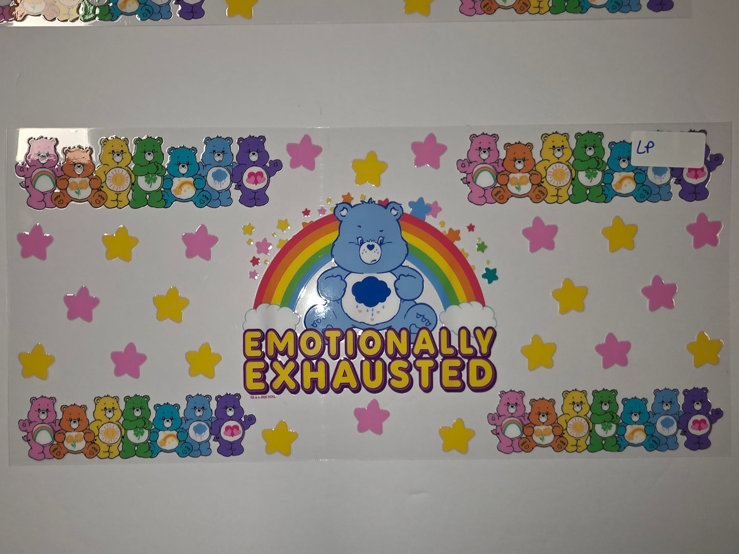 Emotionally Exhausted Care Bears Tumbler Wrap | Rainbow & Stars Design | Cute Drinkware Decal