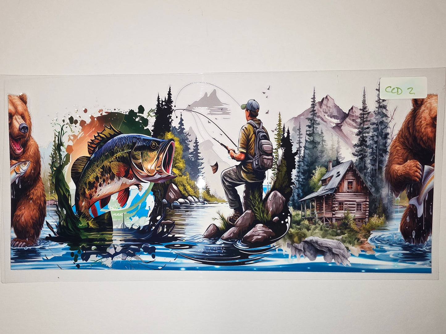 Fishing Bear & Bass Tumbler Wrap | Mountain Cabin & Forest Scene | Outdoor Adventure Drinkware