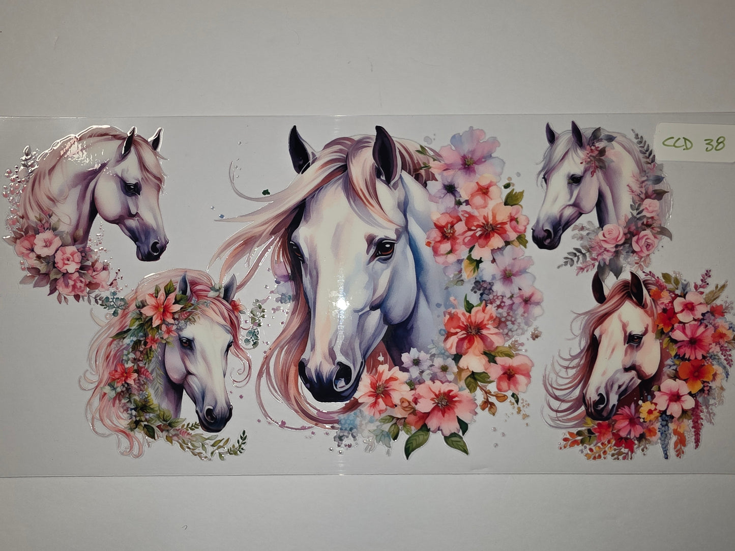 Floral Horse Tumbler Wrap - White Horses with Pink & Coral Flowers - Sublimation Design