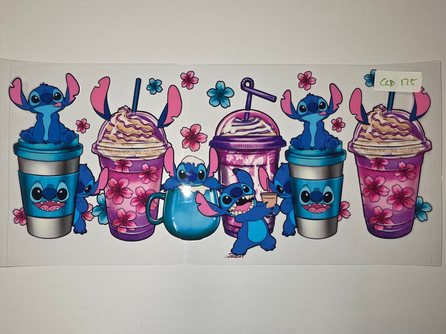 Cute Stitch & Coffee Cup Tumbler Wrap - Blue, Pink, Purple Floral Design