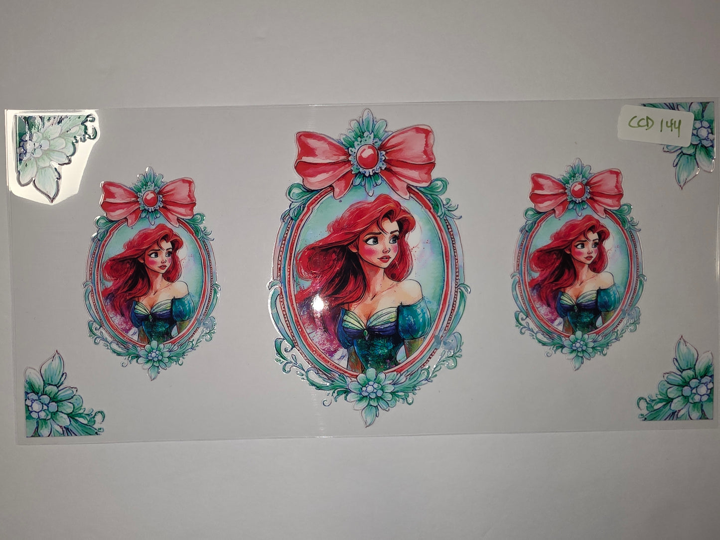Ariel Mermaid Tumbler Wrap | Red Hair Princess with Teal Dress & Pink Bow | Watercolor Style