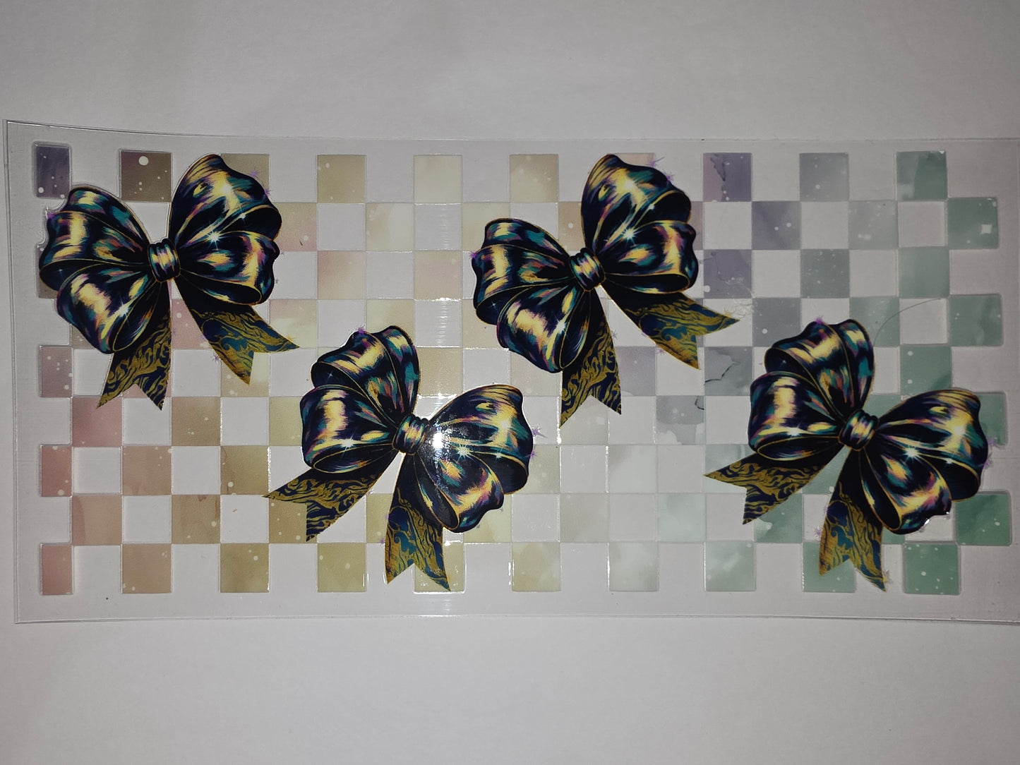 Iridescent Bow Tumbler Wrap - Dark Blue, Gold, Teal & Pink Plaid Design