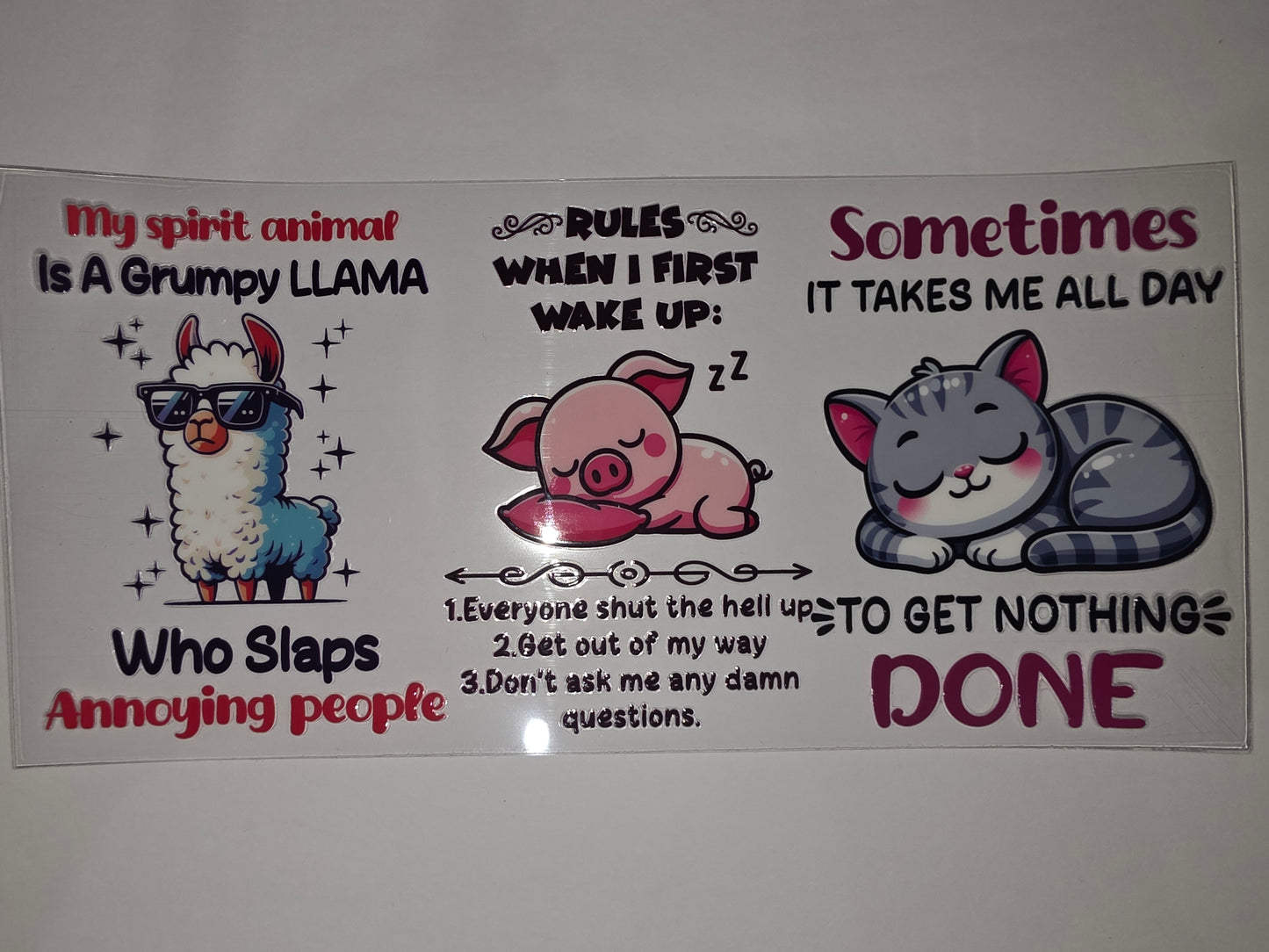 Funny Llama, Pig & Cat Tumbler Wrap | "My Spirit Animal" & "Rules When I First Wake Up" Designs