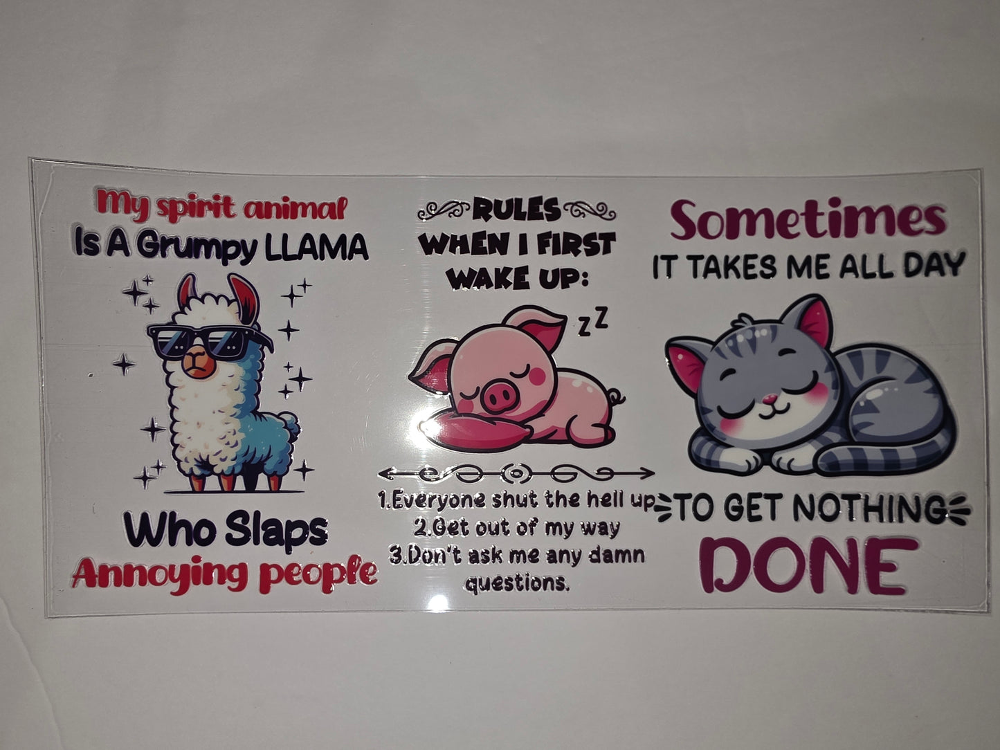 Funny Grumpy Llama, Sleeping Pig & Cat Tumbler Wrap | "My Spirit Animal" & "Nothing Done" Design