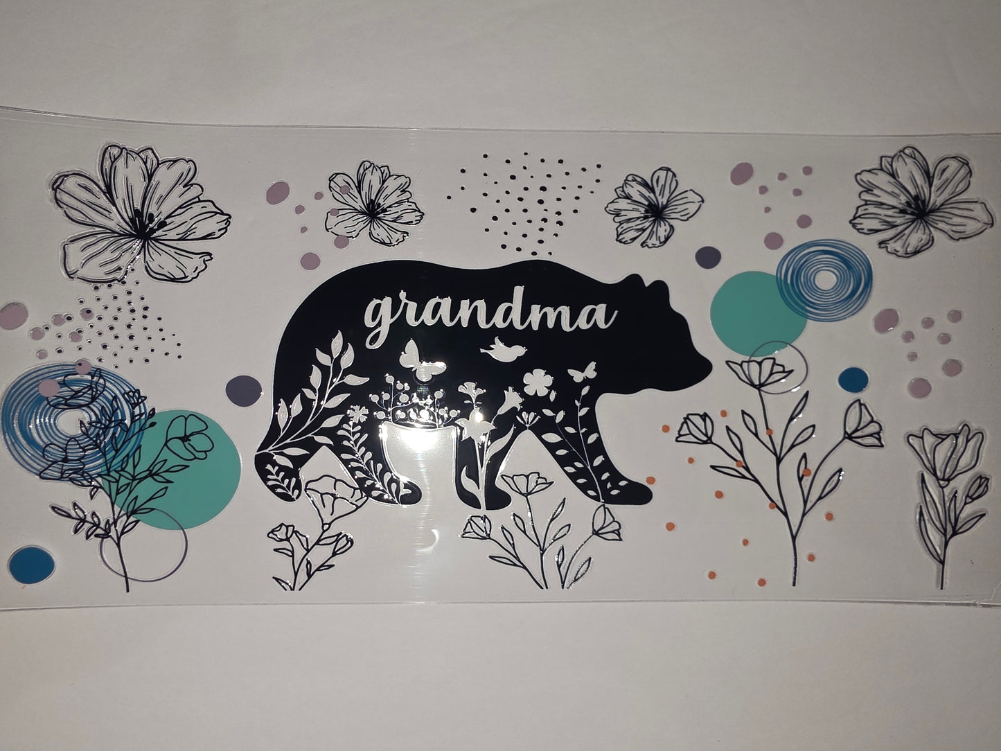 Floral Bear "Grandma" Tumbler Wrap - Black, White, Teal & Pink Accents