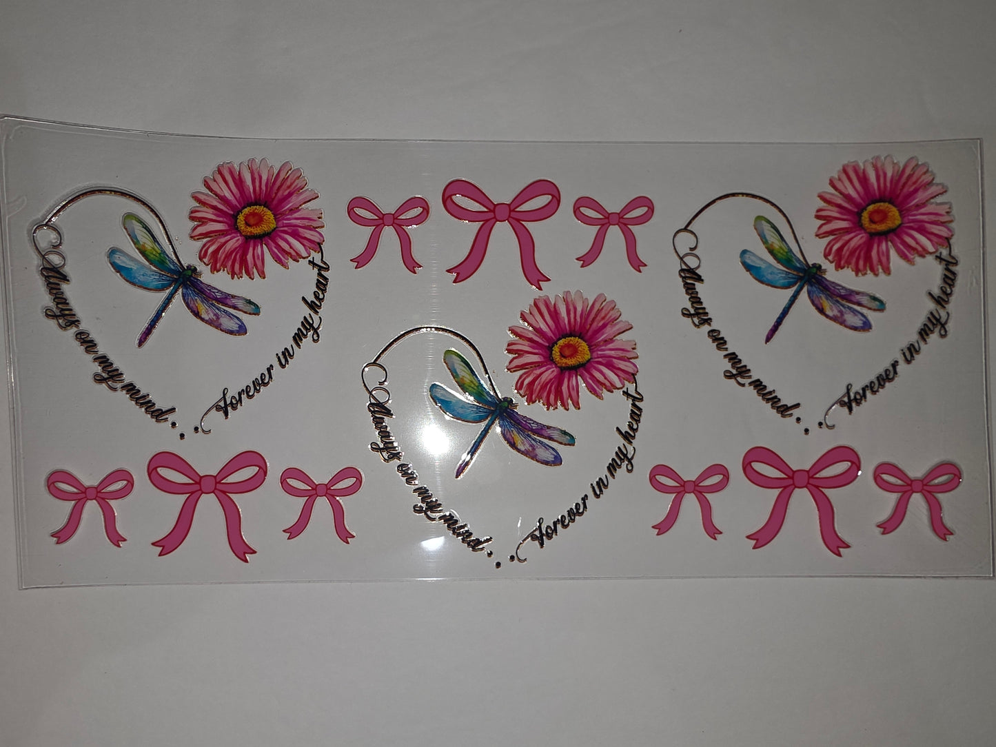 Pink Daisy Dragonfly Heart Tumbler Wrap | "Always on my mind" Memorial Design
