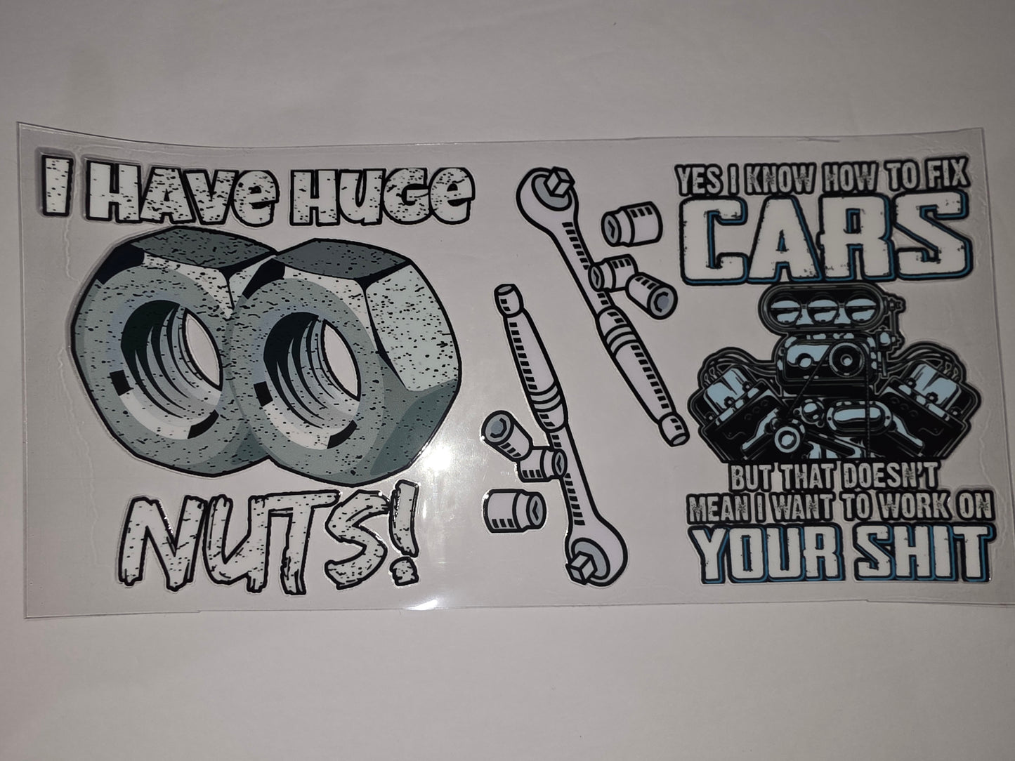 Funny Mechanic Tumbler Wrap | Car Repair Nuts & Bolts Design | Grayscale & Blue