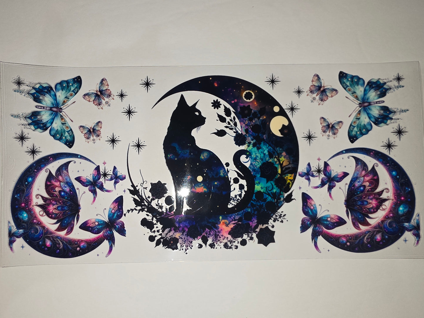 Celestial Cat & Butterfly Moon Tumbler Wrap - Cosmic Night Sky & Stars Design