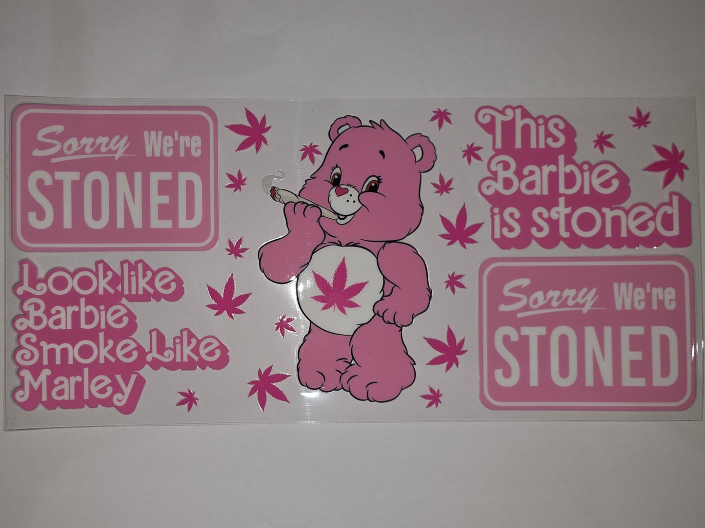 Pink Stoned Bear & Barbie Tumbler Wrap | Cannabis Leaf Design | Funny Drinkware Decal