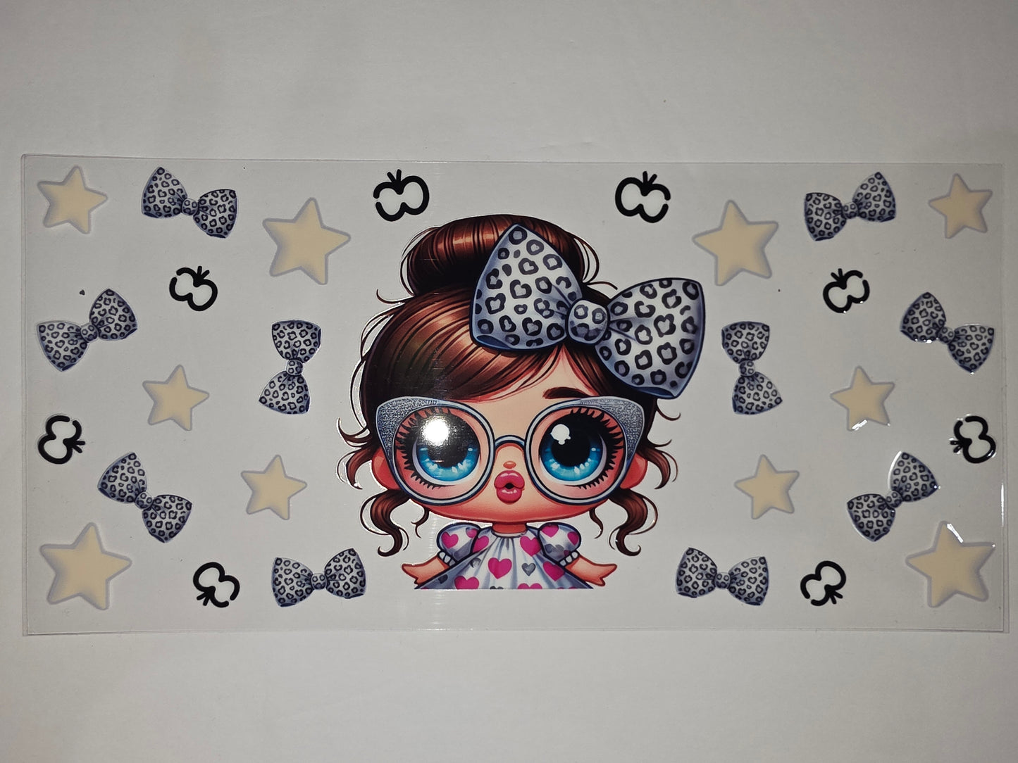 Cute Girl with Leopard Bow Tumbler Wrap - Pink Hearts, Stars & Bows Design