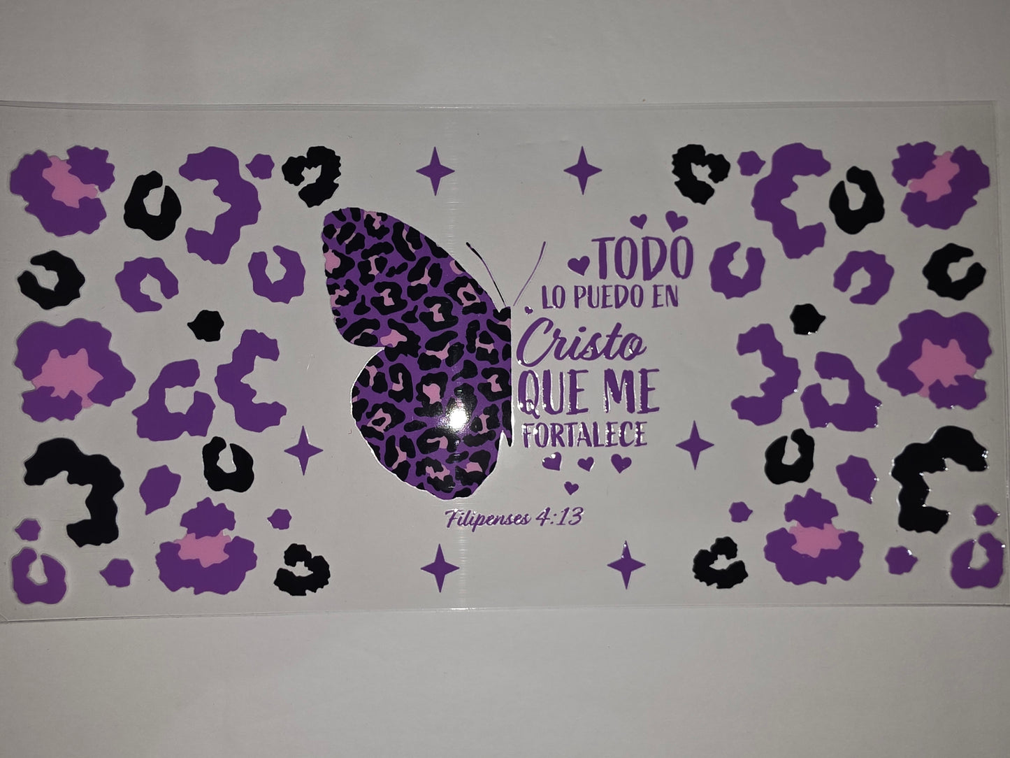Purple Leopard Print Butterfly Tumbler Wrap | Christian Quote Drinkware Design