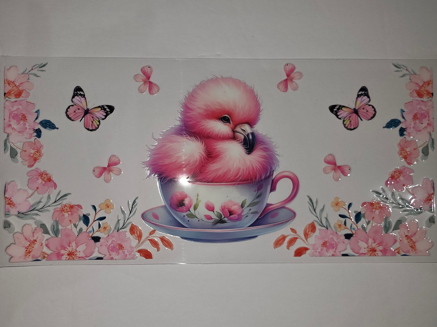 Cute Pink Flamingo in Teacup Tumbler Wrap | Floral Butterfly Design | Sublimation Cup Art