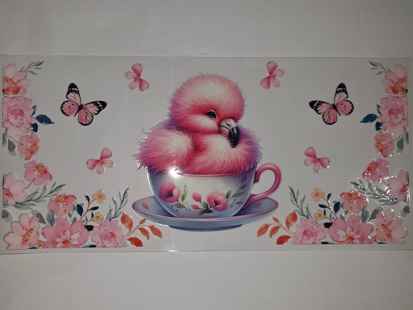 Cute Pink Flamingo in Teacup Tumbler Wrap | Floral Butterfly Design | Sublimation Cup Decal