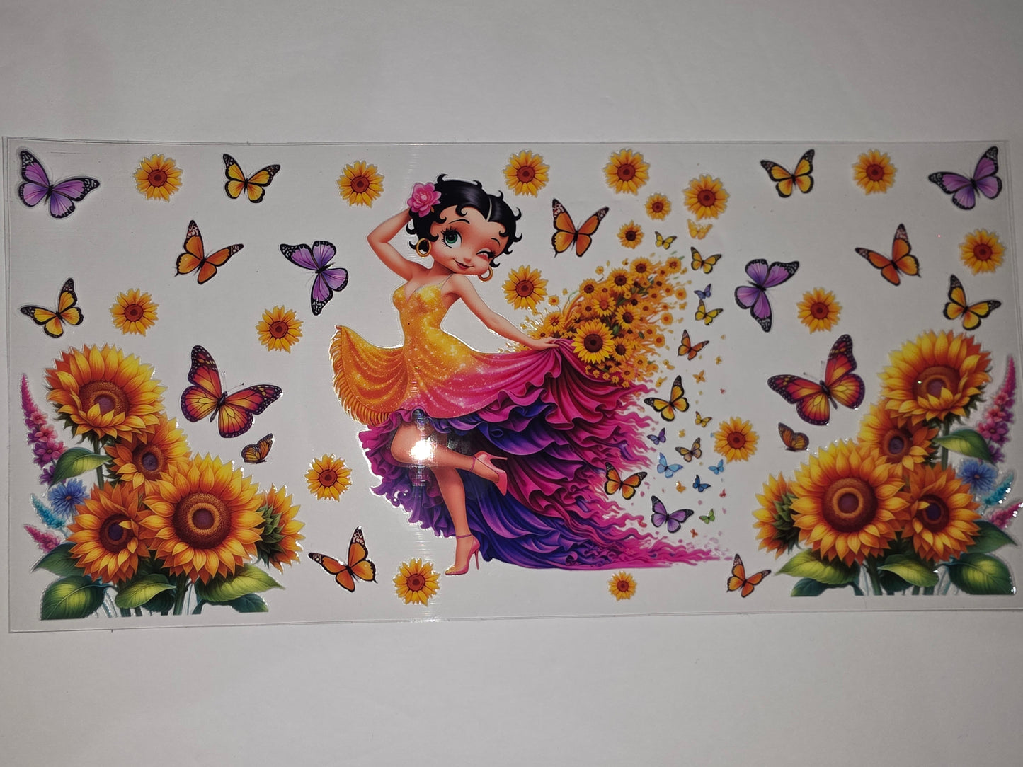 Betty Boop Sunflower Butterfly Tumbler Wrap | Vibrant Yellow Orange Pink Purple Design