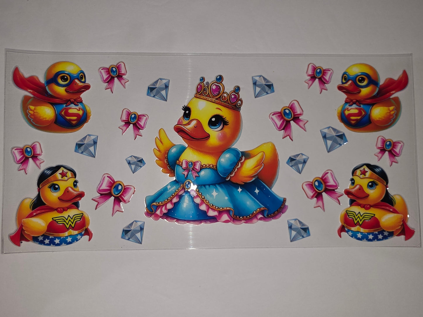 Superhero & Princess Duck Tumbler Wrap - Cute Yellow Ducks, Diamonds, Bows - Sublimation Design