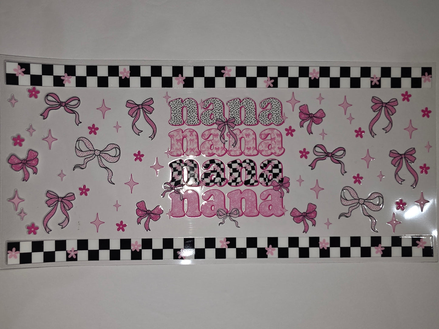 Pink Nana Tumbler Wrap - Bows, Flowers & Checkerboard Design