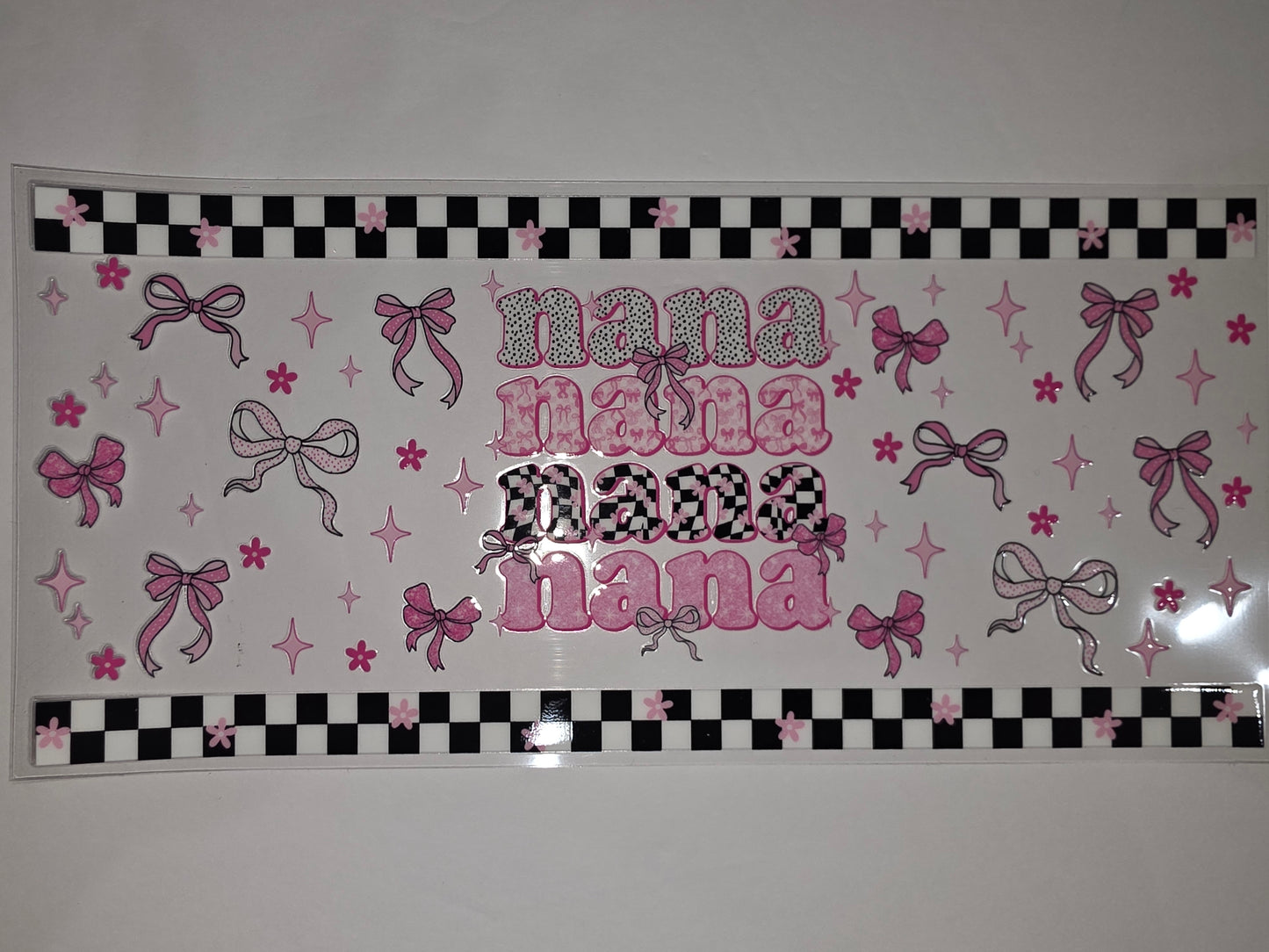 Pink Bow & Checkerboard "Nana" Tumbler Wrap | Cute Grandma Drinkware Design