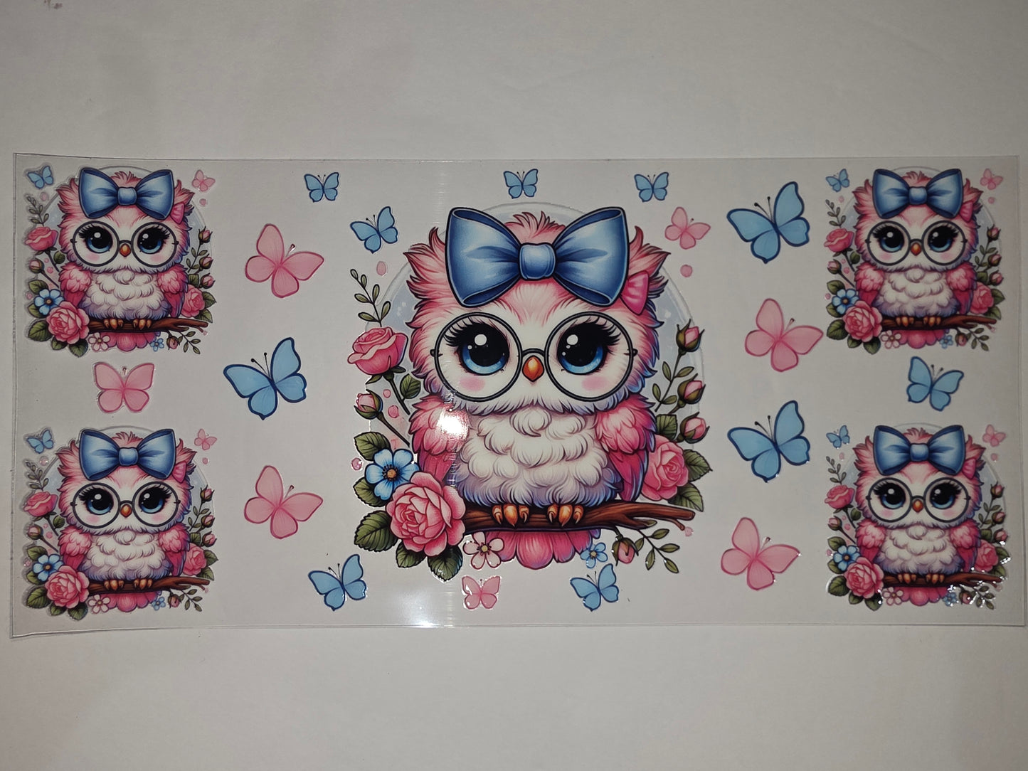 Cute Pink Owl with Blue Bow Tumbler Wrap | Butterfly & Floral Design | Sublimation Cup Art