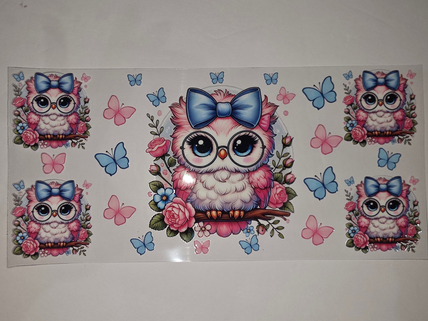 Cute Pink Owl with Blue Bow Tumbler Wrap - Whimsical Butterfly & Floral Design