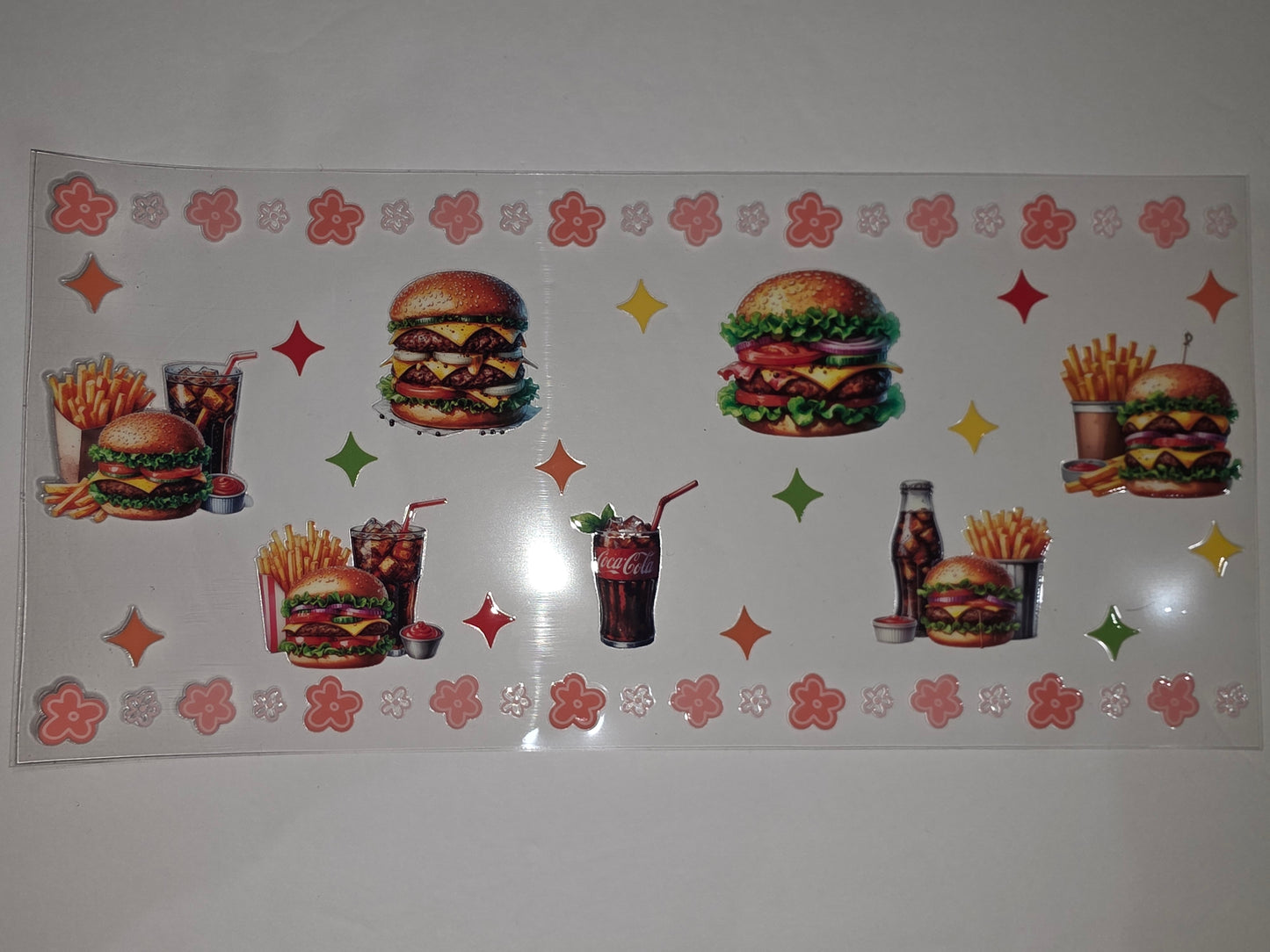 Retro Fast Food Burger & Fries Tumbler Wrap | Vintage Soda & Flower Accents