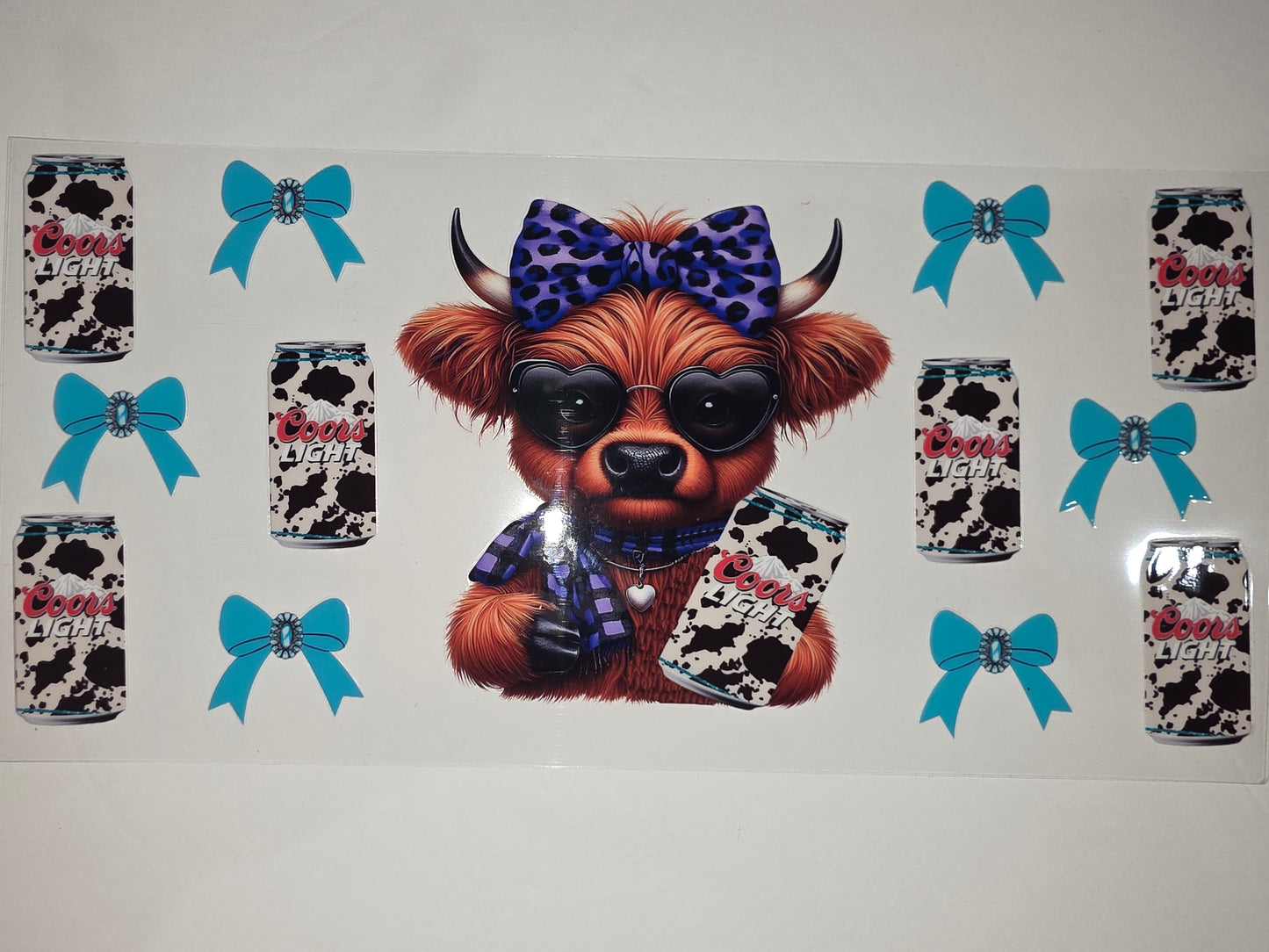 Cow Print Highland Cow Tumbler Wrap with Coors Light Cans & Blue Bows - Fun Drinkware Design