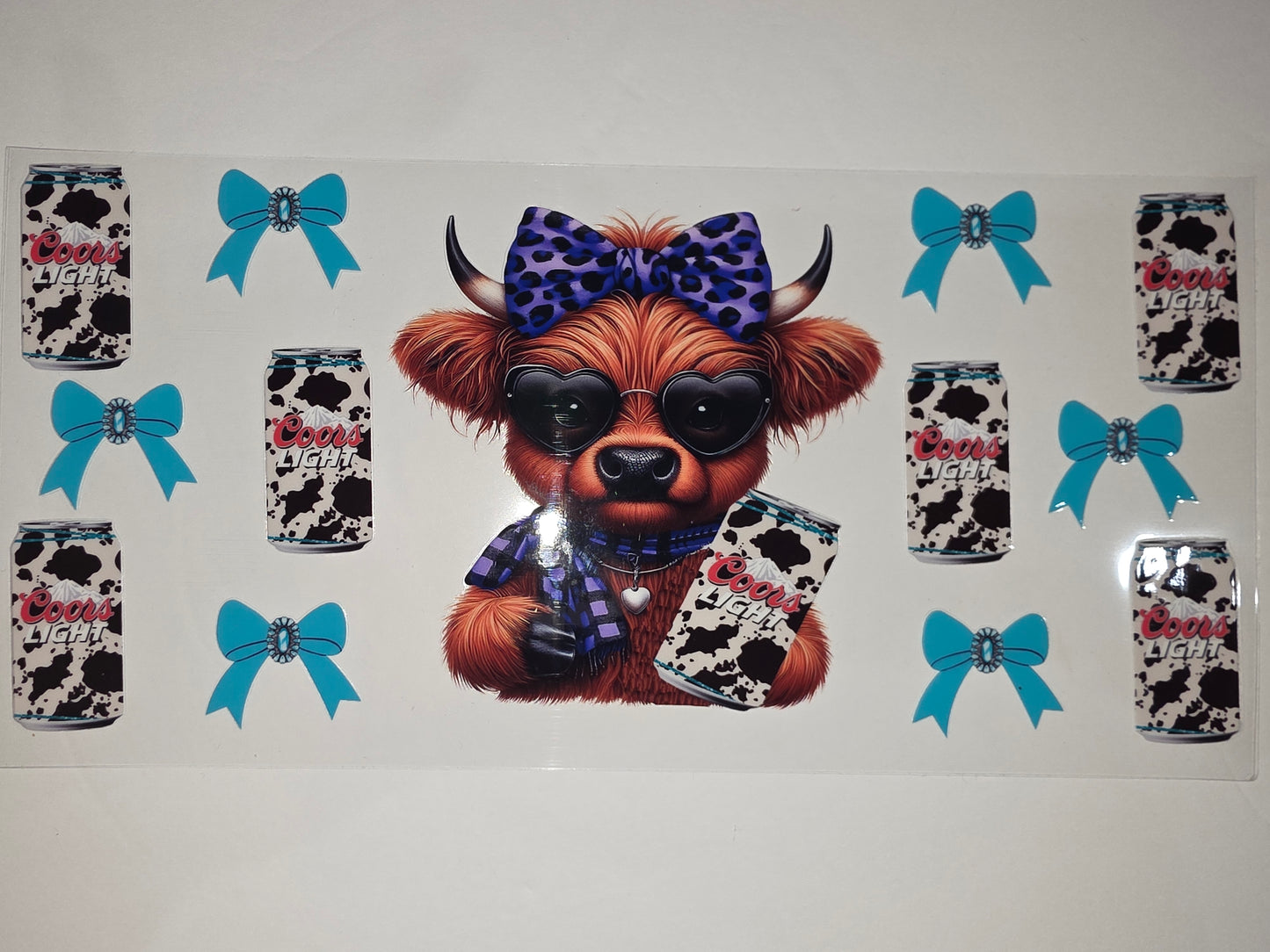 Highland Cow Tumbler Wrap Design - Cow Print, Blue Bows, Heart Sunglasses