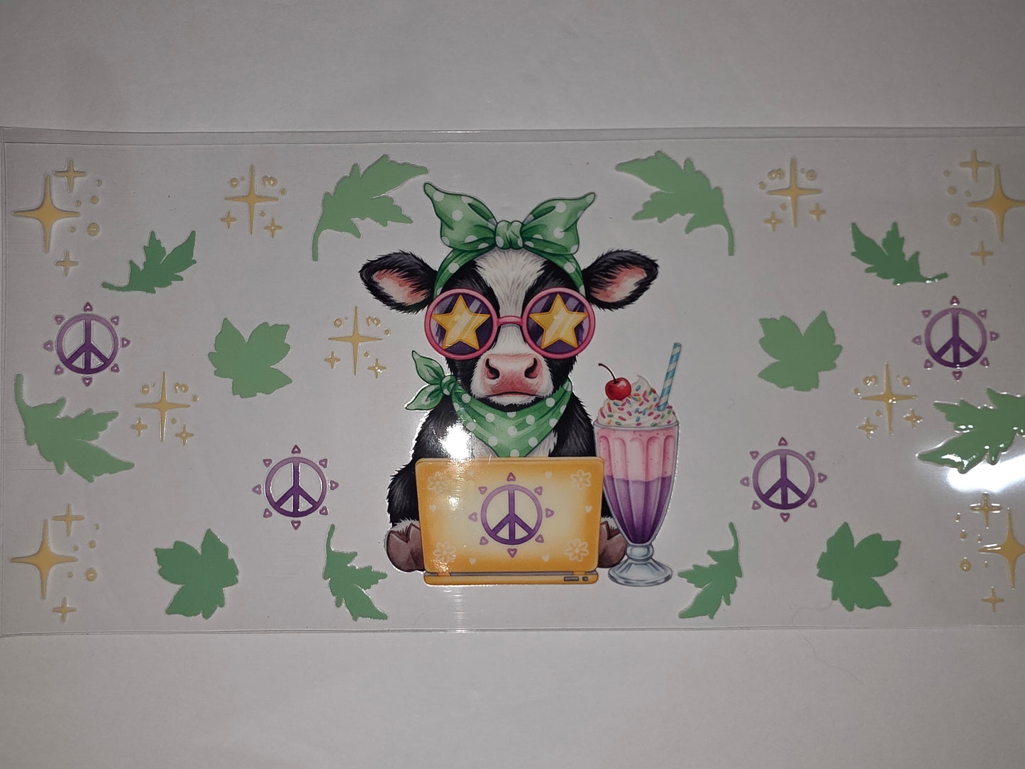 Cute Cow with Laptop & Milkshake Tumbler Wrap | Peace Sign & Star Design