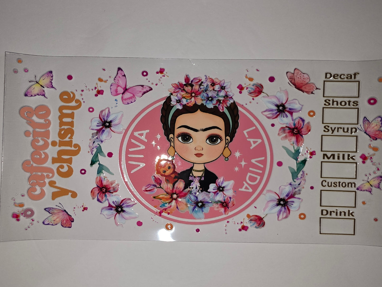 Frida Kahlo Inspired Tumbler Wrap | "Viva La Vida" Floral & Butterfly Design | Pink & Purple
