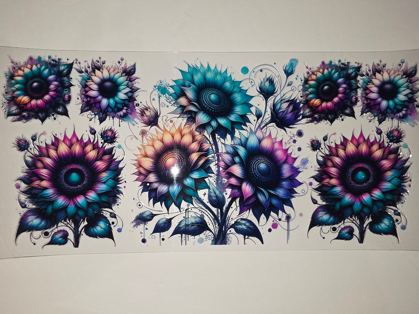 Vibrant Watercolor Sunflowers Tumbler Wrap | Teal, Purple, Pink Floral Design
