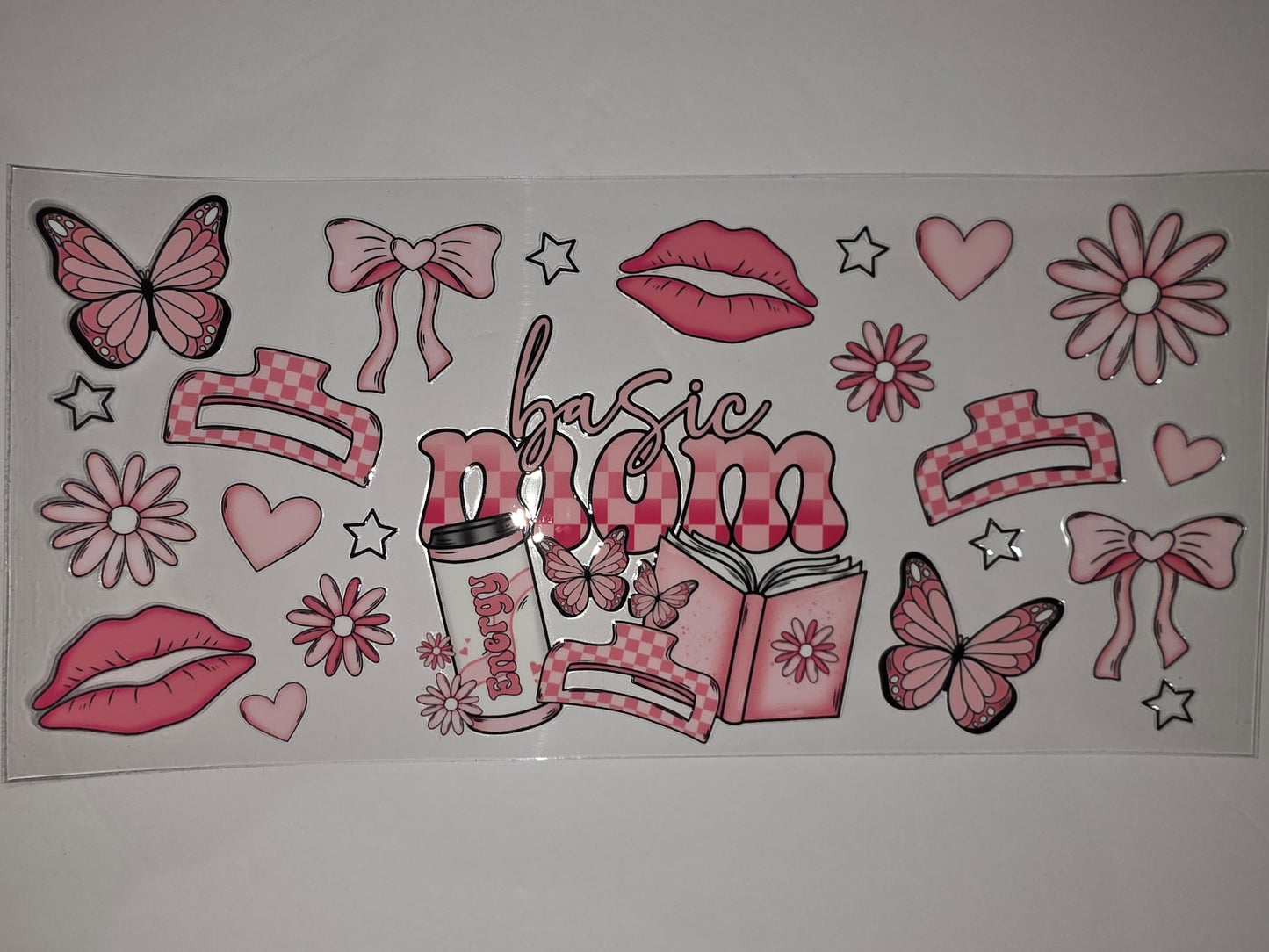 Pink "Basic Mom" Tumbler Wrap - Butterflies, Bows, Flowers, Lips & Books Design