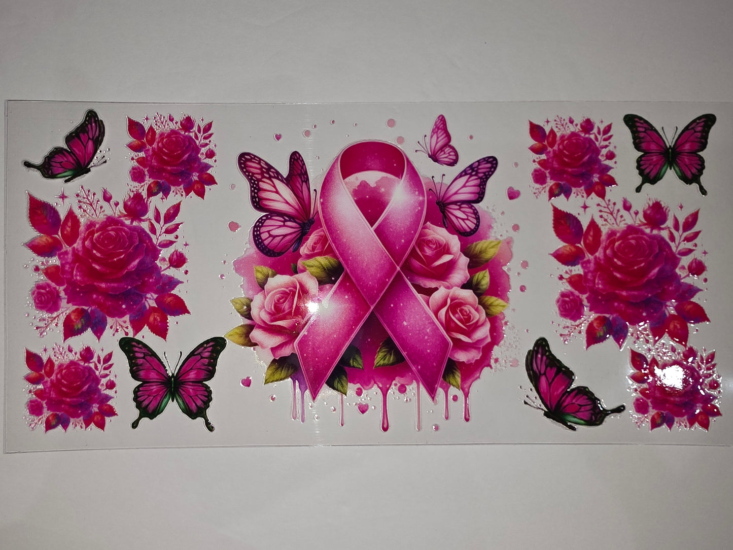 Pink Ribbon Butterfly Rose Tumbler Wrap | Breast Cancer Awareness Drinkware Design