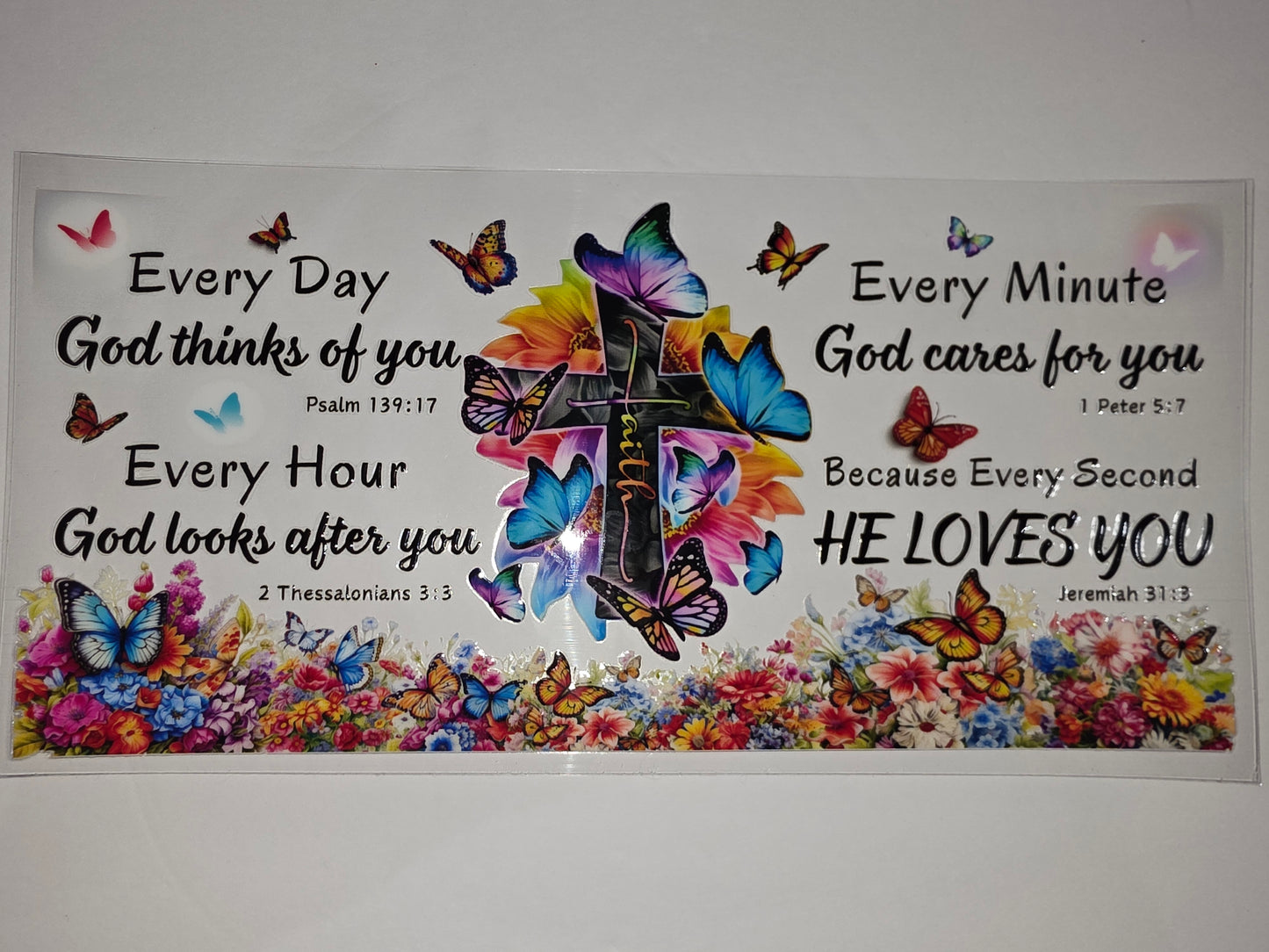 Inspirational Butterfly & Floral Cross Tumbler Wrap | Christian Faith Drinkware Design