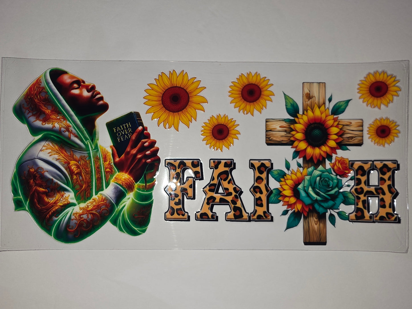 Faith Over Fear Sunflower Cross Tumbler Wrap | Praying Man & Leopard Print Design