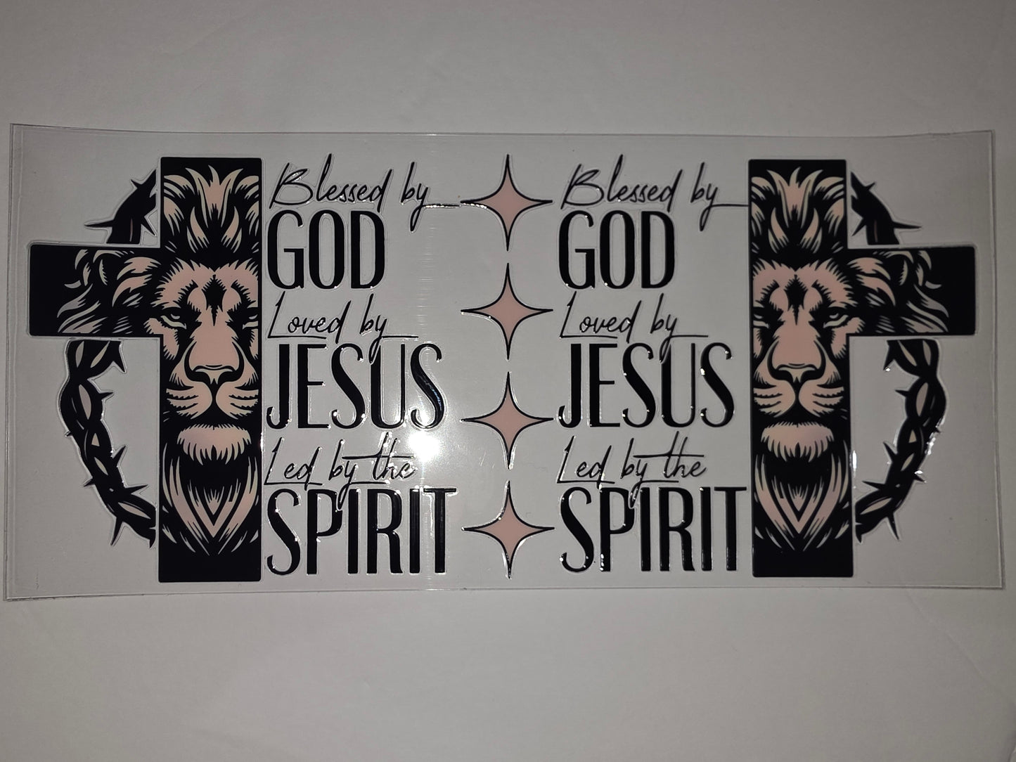 Lion of Judah & Cross Tumbler Wrap | Blessed by God Loved by Jesus Led by the Spirit | Religious Drinkware Design