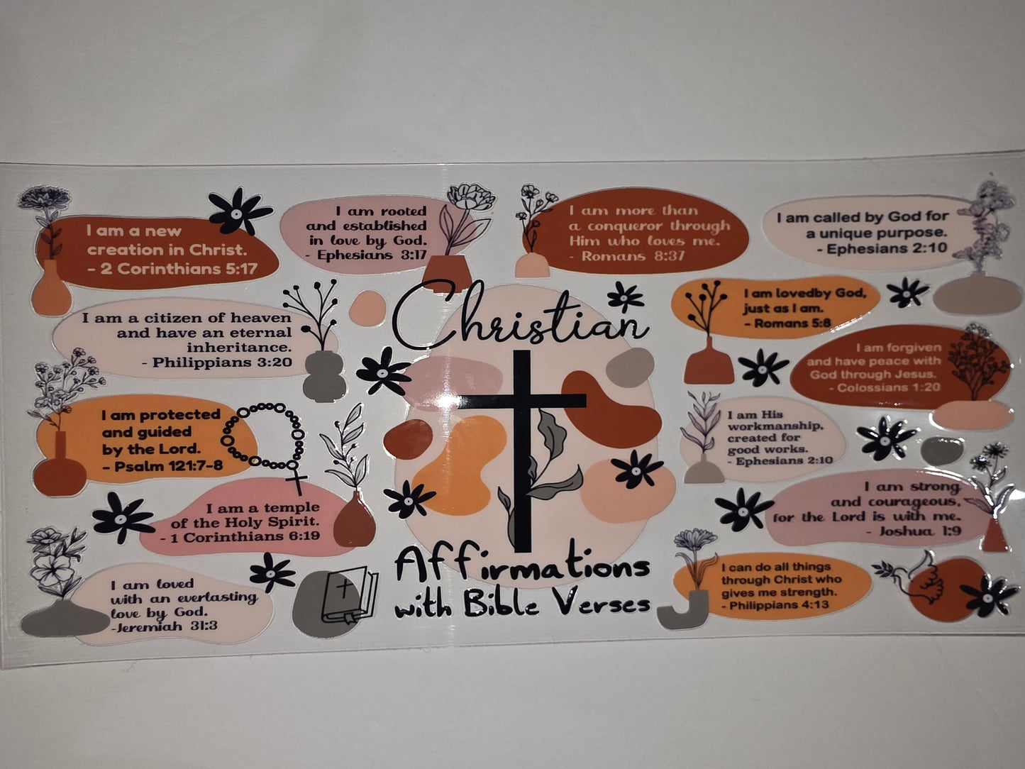 Christian Affirmations Bible Verse Tumbler Wrap | Boho Floral & Cross Design