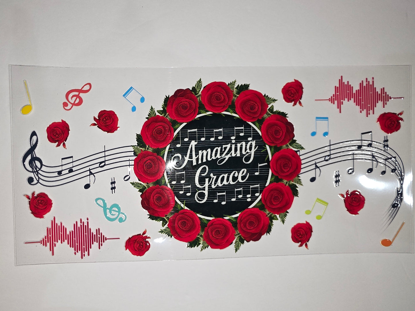 Red Rose & Music Notes Tumbler Wrap | "Amazing Grace" Design | Sublimation Cup Art