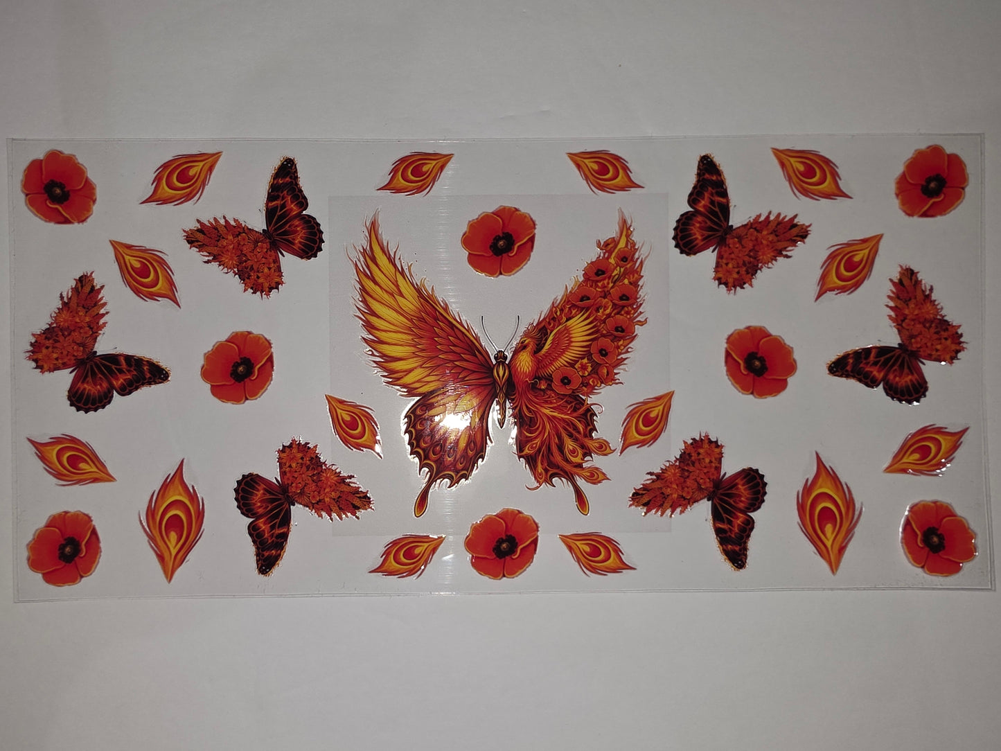 Fiery Butterfly & Poppy Tumbler Wrap | Orange, Red, Yellow Floral & Insect Design