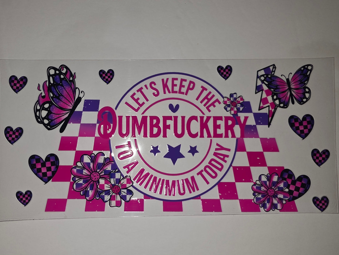 Pink & Purple Checkerboard Butterfly Tumbler Wrap | Edgy Floral & Heart Design