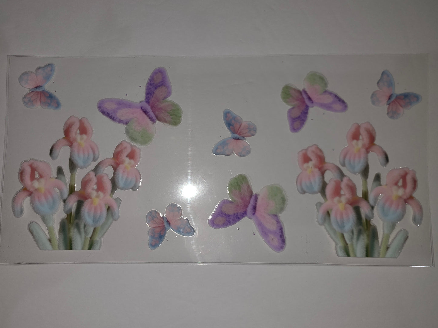 Pastel Butterfly & Iris Flower Tumbler Wrap - Pink, Purple, Blue, Green