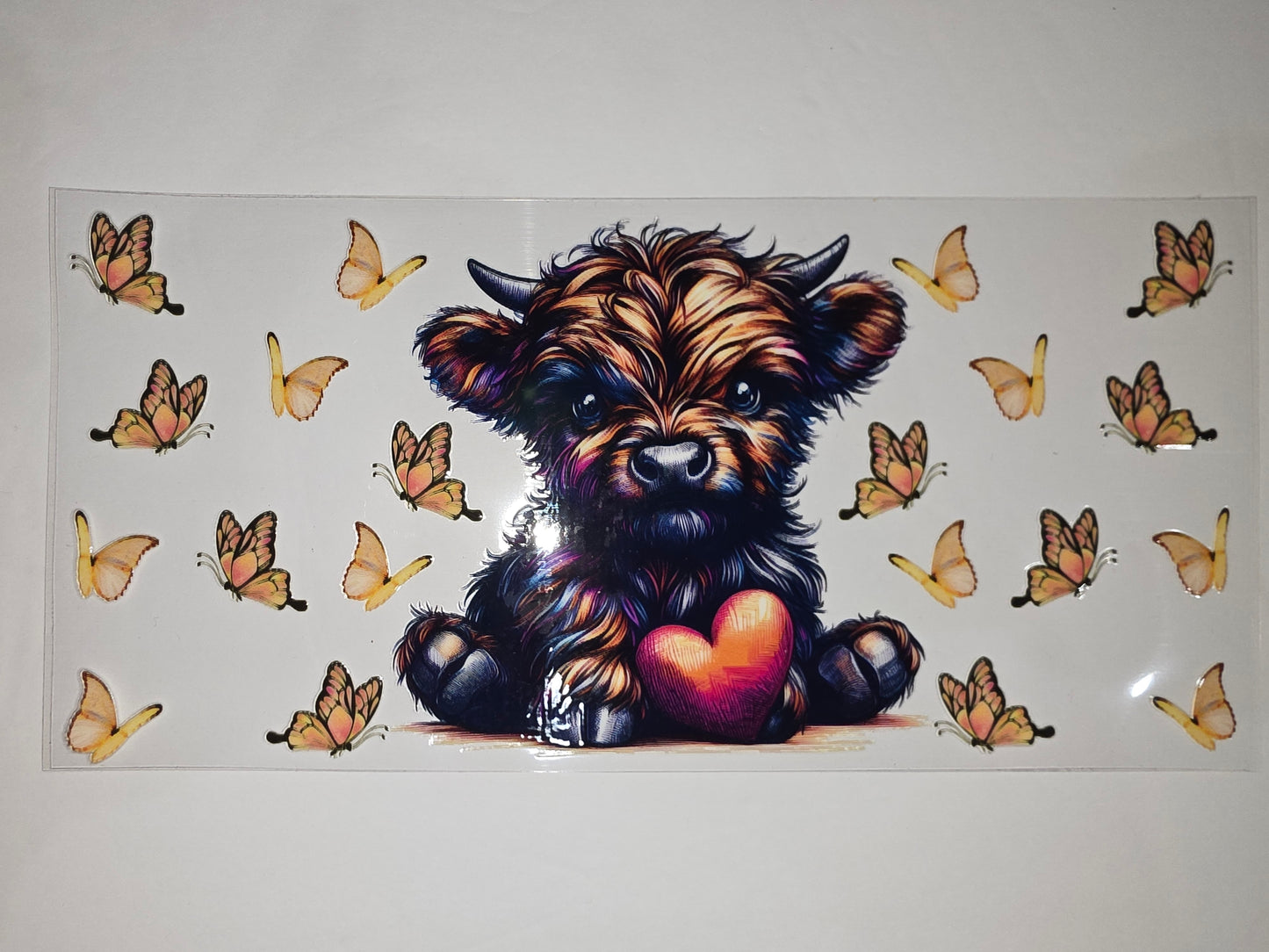 Cute Highland Cow with Heart & Butterflies Tumbler Wrap | Sublimation Design
