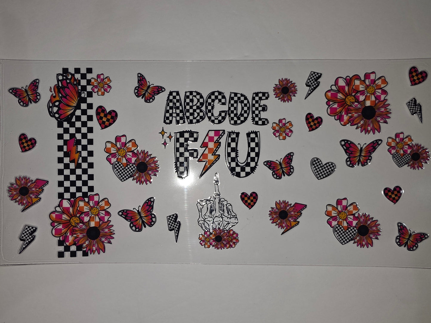 Retro Checkerboard Butterfly & Flower Tumbler Wrap | Pink Orange Daisy Lightning Bolt Design